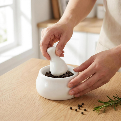 Hands grinding fresh black peppercorns with the white ceramic mortar and pestle