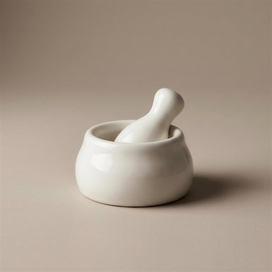 White ceramic mortar and pestle set on a soft neutral studio backdrop