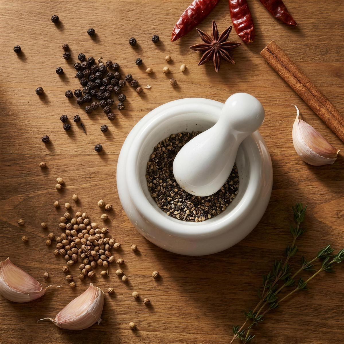 White ceramic mortar and pestle surrounded by whole spices and fresh herbs, overhead view