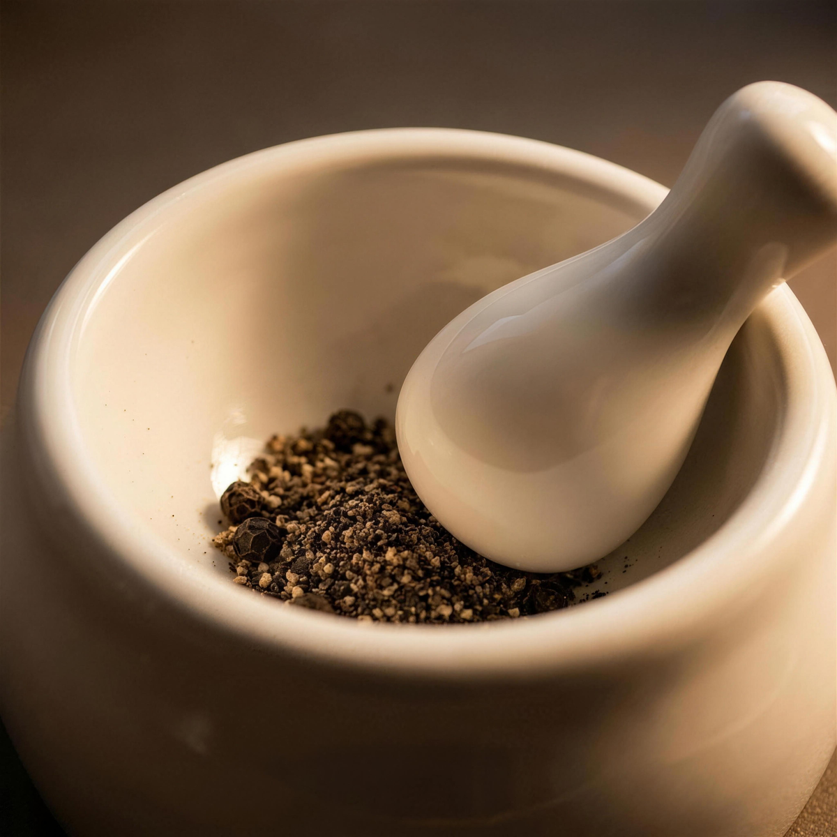 Close-up of freshly ground black pepper in the white ceramic mortar and pestle